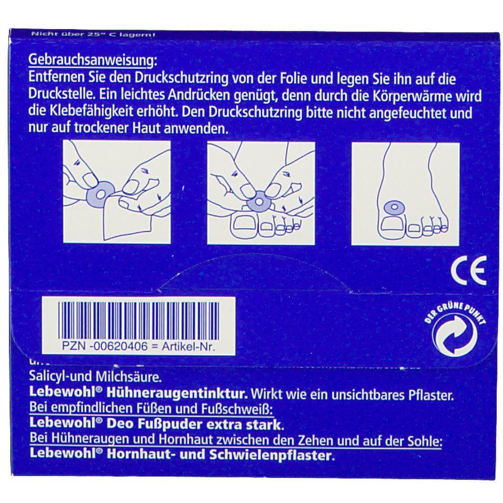 Rückseite der Verpackung. Enthält Anweisungen und Illustrationen zur Anwendung. CE-Kennzeichnung und Text: Salicyl- und Milchsäure.
