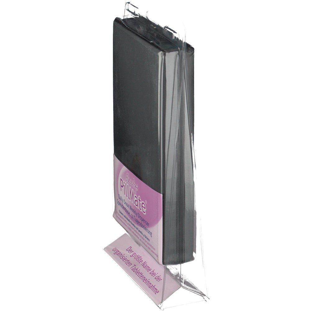 PillMate® Spenderdose in Verpackung. Schwarze, rechteckige Form. Aufschrift: PillMate, 7x Tagesdosierung. Klare Halterung.