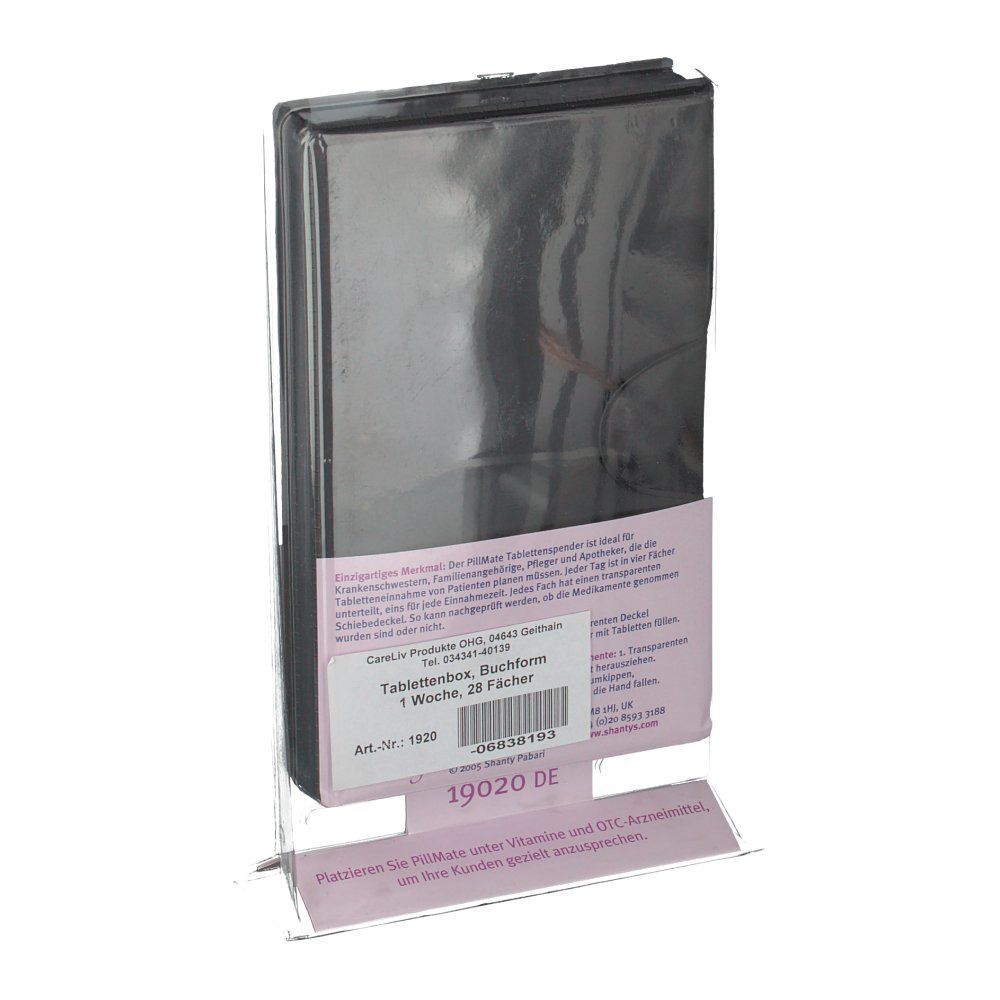 PillMate® Spenderdose in Verpackung. Schwarze, rechteckige Form. Aufschrift: PillMate, 7x Tagesdosierung. Klare Halterung. Text auf Etikett.