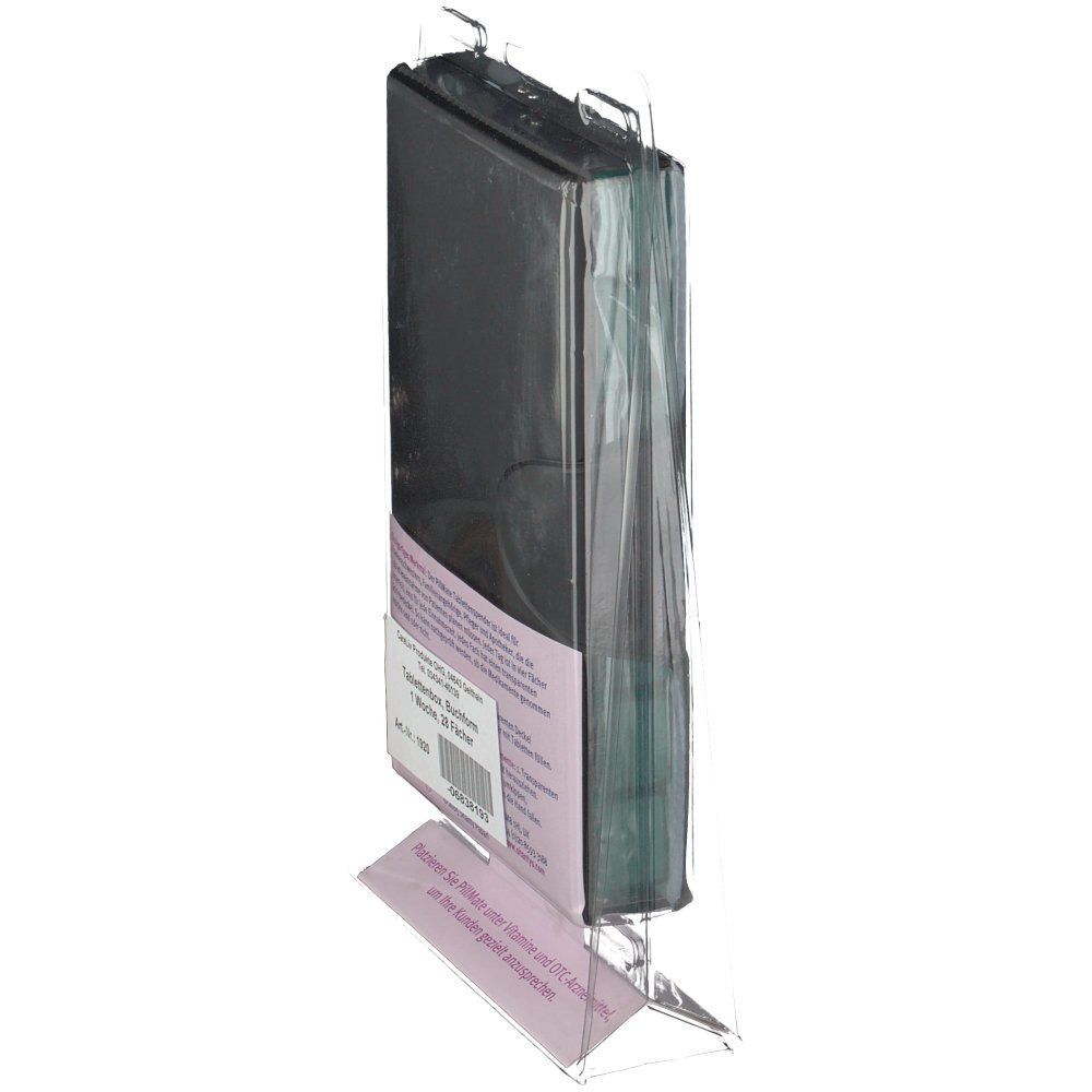 PillMate® Spenderdose in Verpackung. Schwarze, rechteckige Form. Aufschrift: PillMate, 7x Tagesdosierung. Klare Halterung.