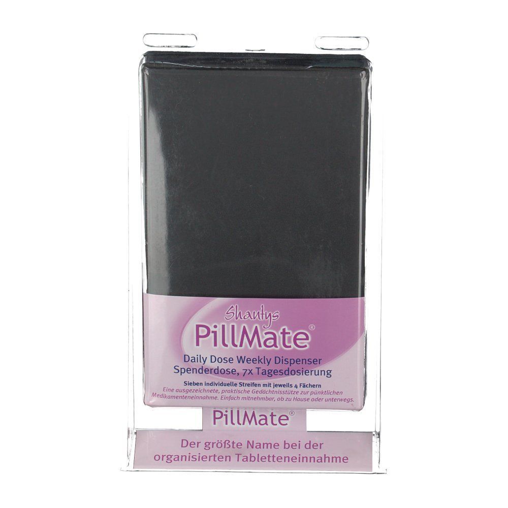 PillMate® Spenderdose in Verpackung. Schwarze, rechteckige Form. Aufschrift: Shantys PillMate®, 7x Tagesdosierung. Klare Halterung.