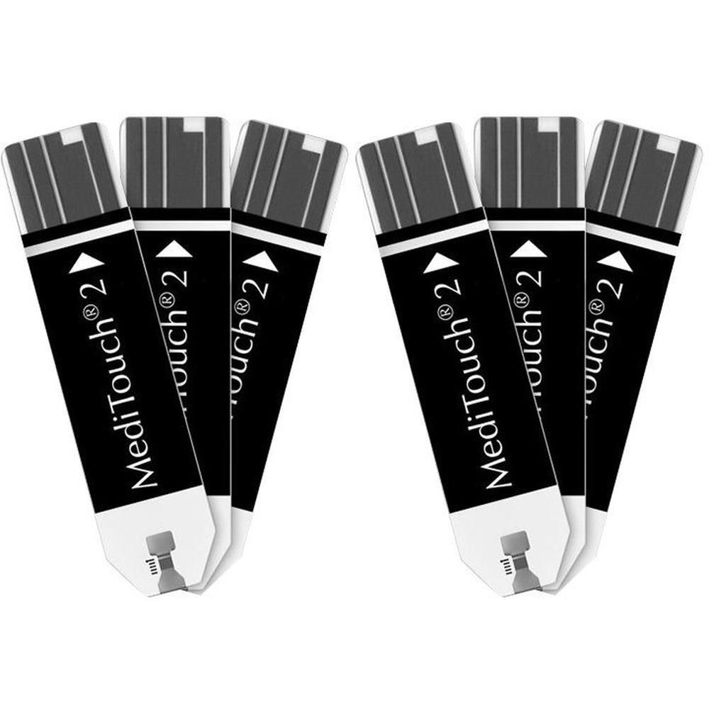 Mehrere Blutzuckerteststreifen. Schwarze Streifen mit weißem Text MediTouch 2. Graue Messfelder an der Spitze.
