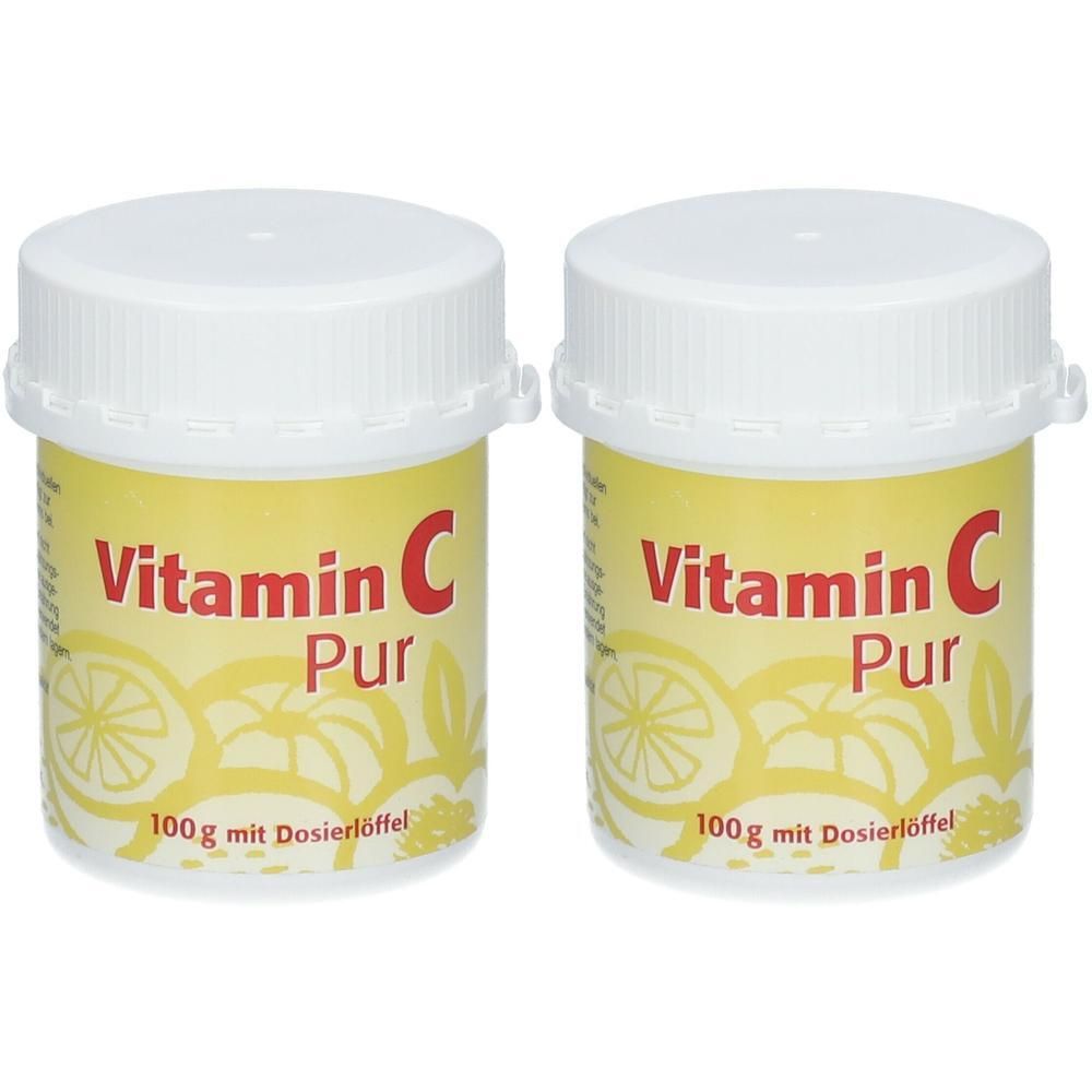 Zwei Behälter Vitamin C Pur, je 100g mit Dosierlöffel, mit Zitronenmotiv.