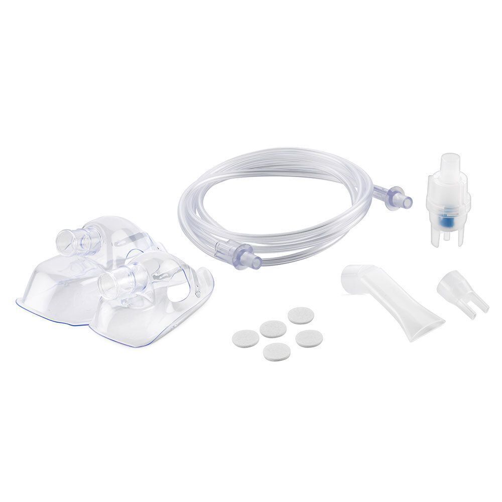 Zubehör für Inhalator: Maske, Schlauch, Vernebler, Mundstück, Filter. Transparente Kunststoffteile.