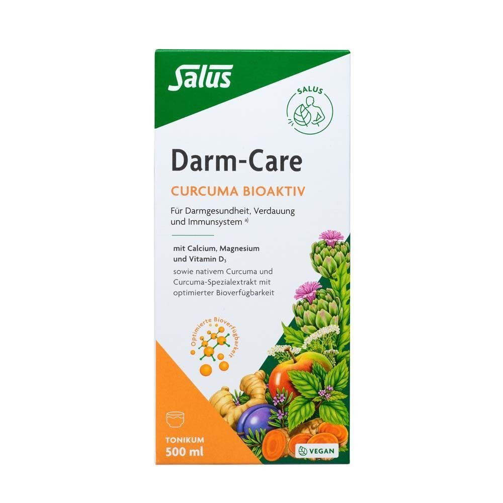 Vorderseite einer Packung Salus Darm-Care Curcuma Bioaktiv Tonikum 500 ml.