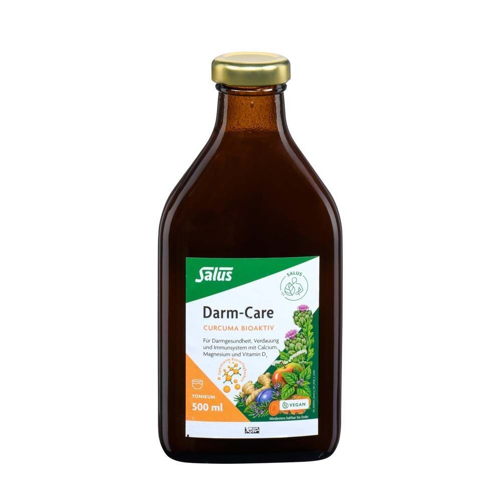 Eine Flasche Salus Darm-Care Curcuma Bioaktiv Tonikum 500 ml mit Schraubverschluss.