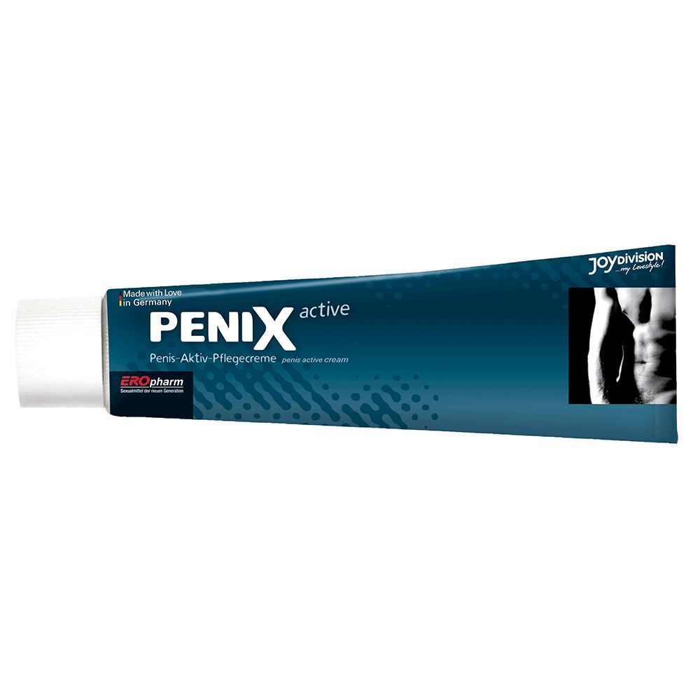 Blaue Tube mit weißer Schrift. Aufschrift: PENIX active, Penis-Aktiv-Pflegecreme. Logo: ERO Pharm. Abbildung eines Mannes.