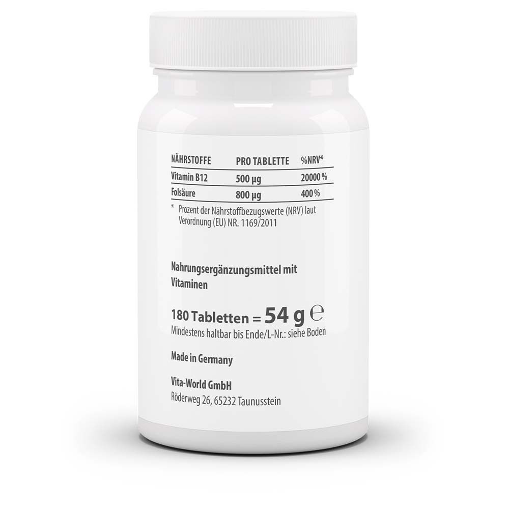 Rückseite einer weißen Flasche. Aufschrift: Nährstoffe, Vitamin B12, Folsäure. 180 Tabletten = 54 g. Hergestellt in Deutschland. Vita-World GmbH.