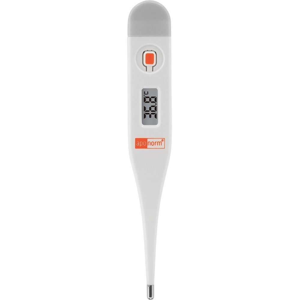APONORM Fieberthermometer easy. Weiß, mit digitaler Anzeige, rotem Knopf und grauer Spitze. Zeigt Temperatur an.