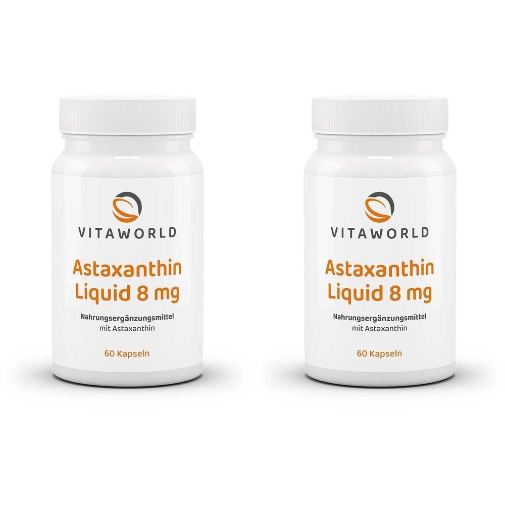 Zwei weiße Flaschen mit Etiketten. Aufschrift: VITAWORLD, Astaxanthin Liquid 8 mg, 60 Kapseln. Logo.