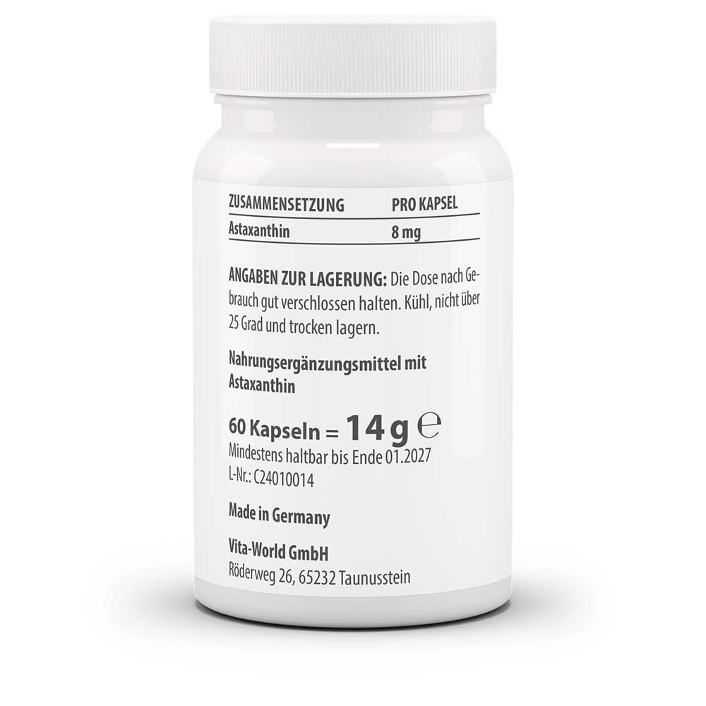 Weiße Flasche mit Etikett. Aufschrift: Zusammensetzung, 8 mg pro Kapsel, Angaben zur Lagerung, 60 Kapseln, Mindesthaltbarkeit.