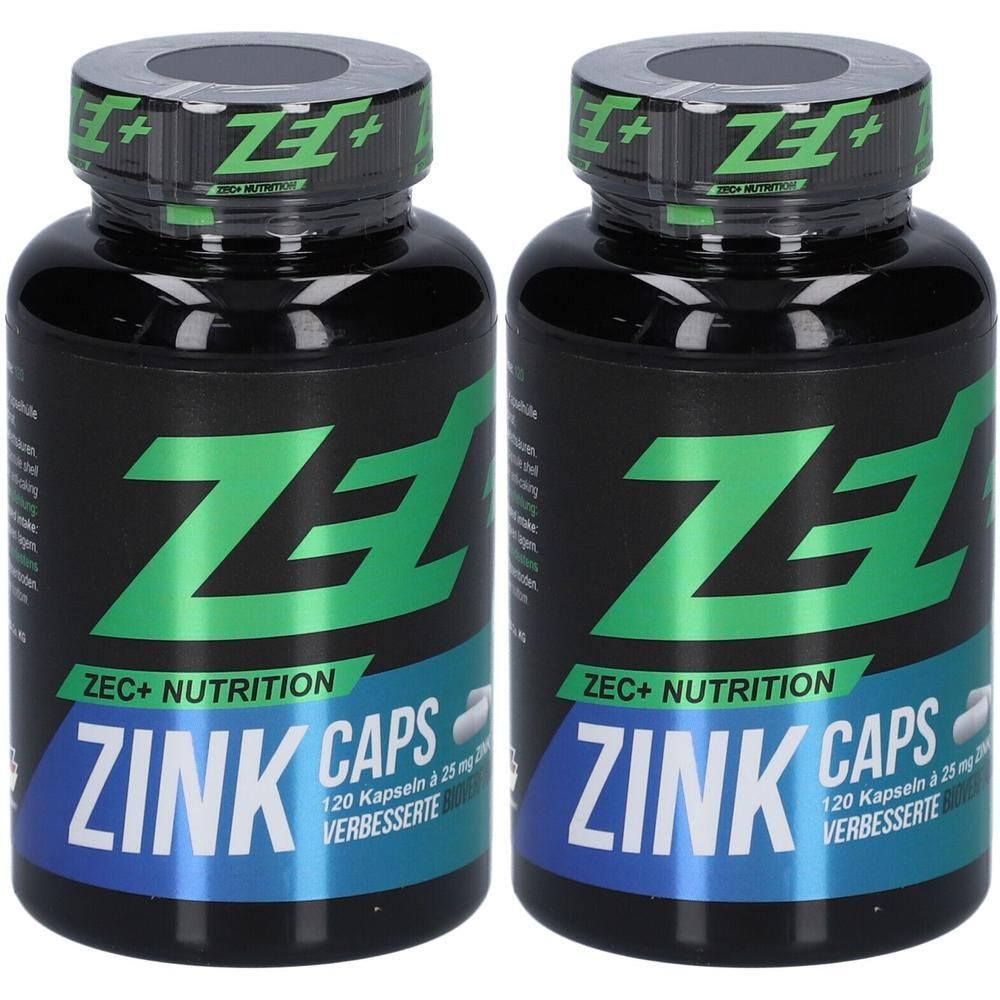 Zwei schwarze Flaschen mit grünem Etikett. Aufschrift: ZEC+ NUTRITION, ZINK CAPS, 120 Kapseln. Deckel mit Logo.