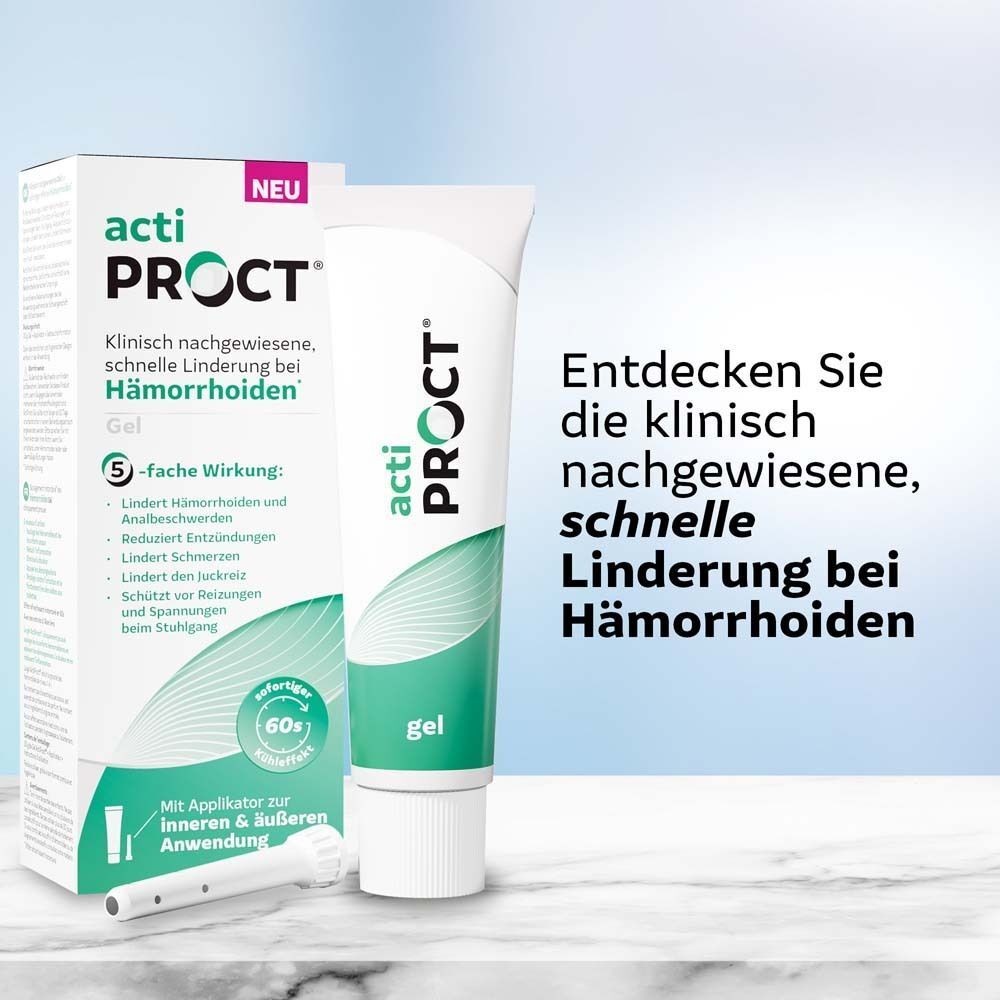 ActiProct Gel Tube und Schachtel. Weiße Tube mit grünem Schriftzug. Schachtel mit Produktinformationen und Applikator.