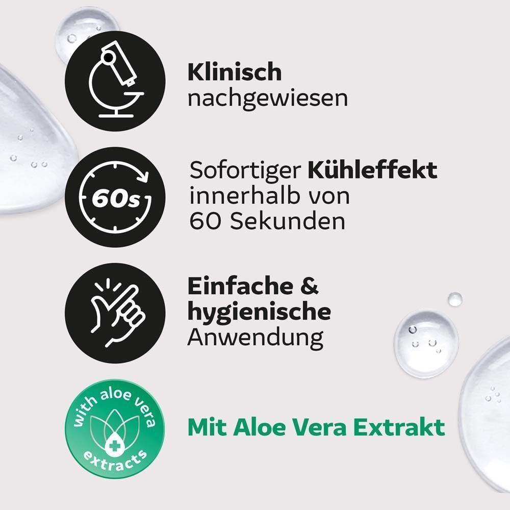 Grafik mit Produktvorteilen. Mikroskop, 60-Sekunden-Symbol, Hand-Symbol. Text: Klinisch nachgewiesen, Aloe Vera Extrakt.