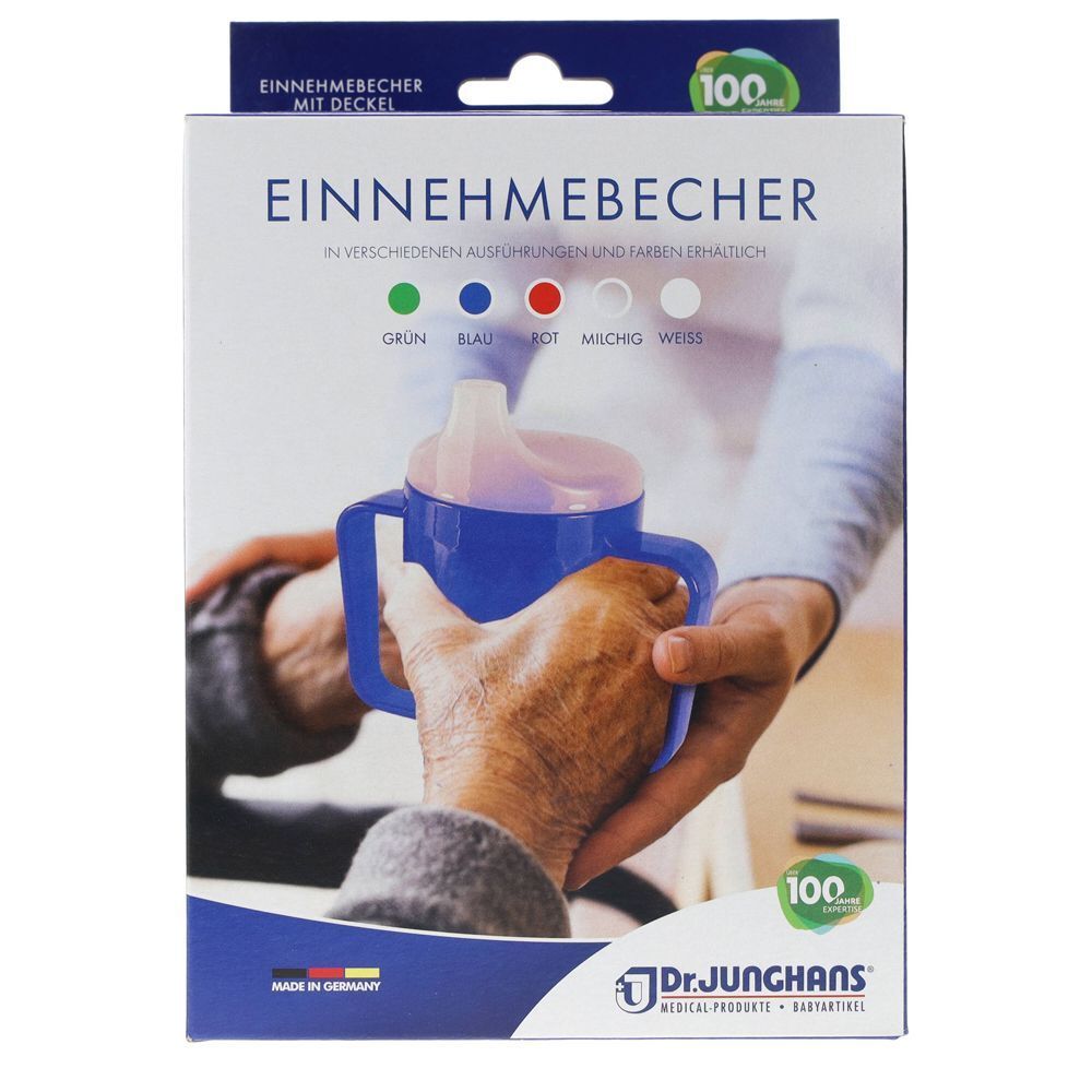 Produktverpackung mit einem blauen Trinkbecher mit zwei Griffen und Deckel. Hände halten den Becher. Text und Logo.
