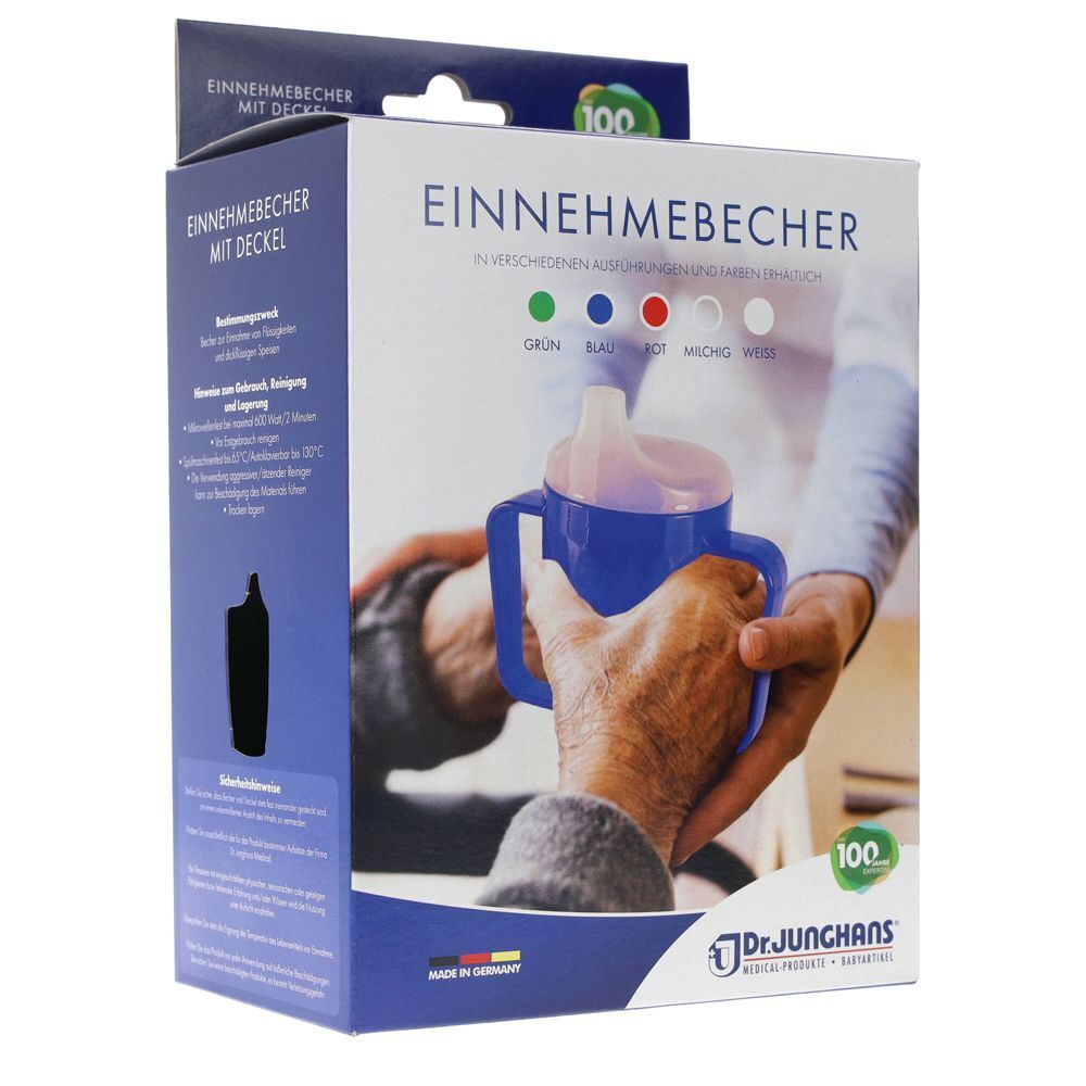 Produktverpackung mit einem blauen Trinkbecher mit zwei Griffen und Deckel. Text und Logo. Farben Grün, Blau, Rot, Milchweiß.