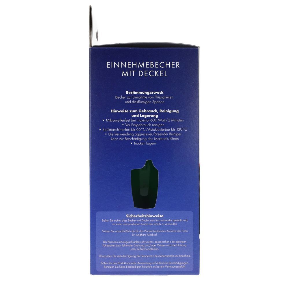 Rückseite der Produktverpackung. Text über Bestimmung, Gebrauch, Reinigung und Lagerung. Schwarze Produktabbildung.