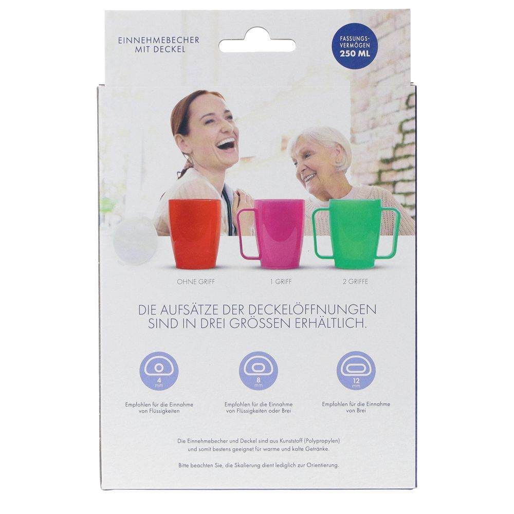 Rückseite der Produktverpackung. Abbildung von drei Trinkbechern in verschiedenen Farben. Text über Deckelöffnungen.
