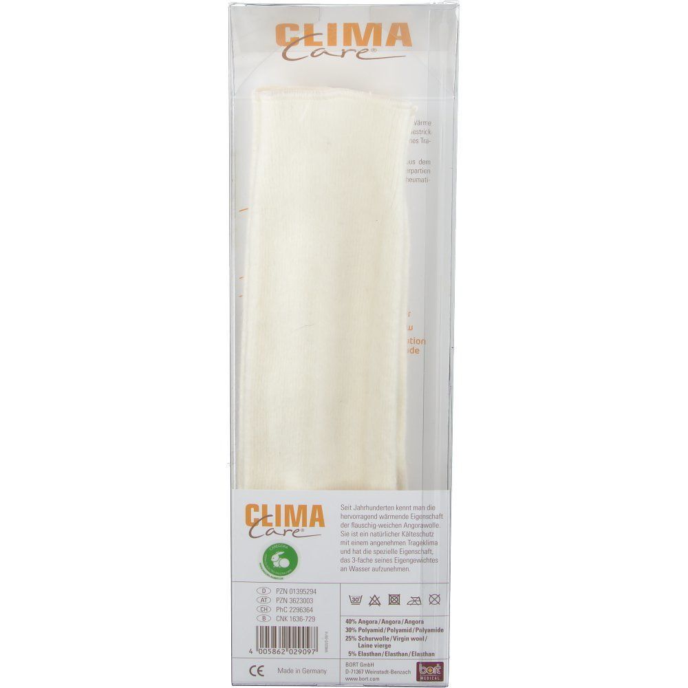 Gelenkwärmer, weiß, in transparenter Verpackung. Aufdruck: CLIMA Care. Text: 80% Angora, 20% Polyamid. Waschsymbole.