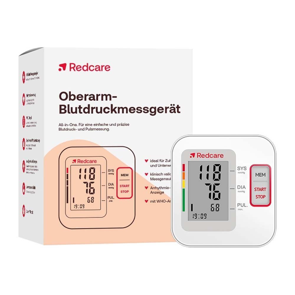 Oberarm-Blutdruckmessgerät und Verpackung. Weißes Gerät mit Display. Verpackung mit rotem Logo und Produktbezeichnung.