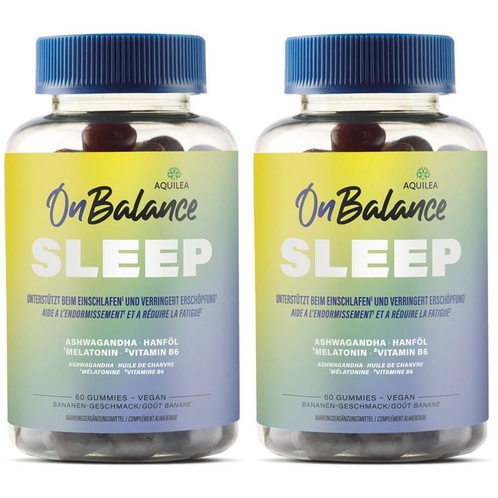 Zwei Flaschen AQUILEA OnBalance Sleep Gummies. Jede Flasche enthält 60 Gummibärchen. Blaue Deckel, transparente Flaschen.