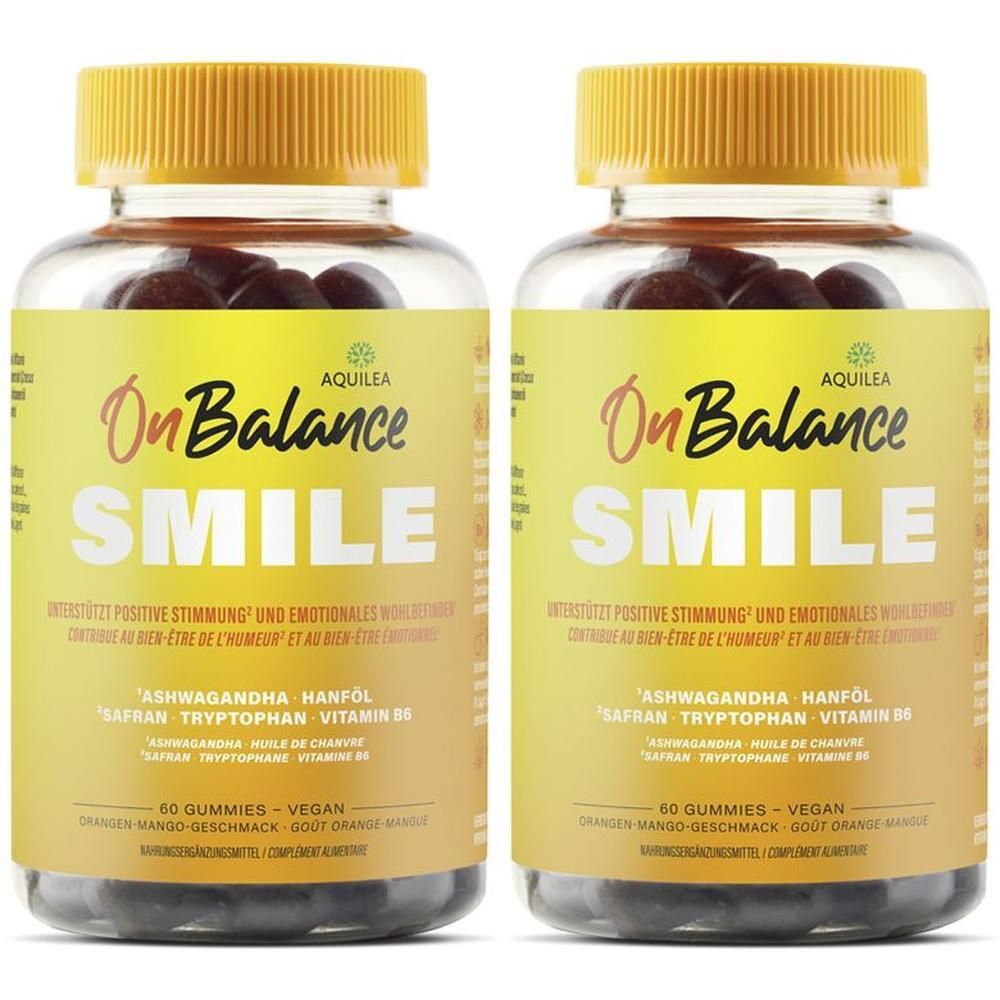 Zwei Flaschen AQUILEA OnBalance Smile Gummies. Gelbe Etiketten mit Produktnamen und Inhaltsstoffen. Deckel gelb.