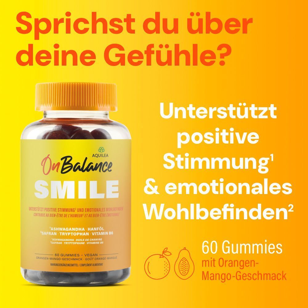 AQUILEA OnBalance Smile Gummis. Gelbe Flasche mit Text. Text: Unterstützt positive Stimmung & emotionales Wohlbefinden. 60 Gummies.