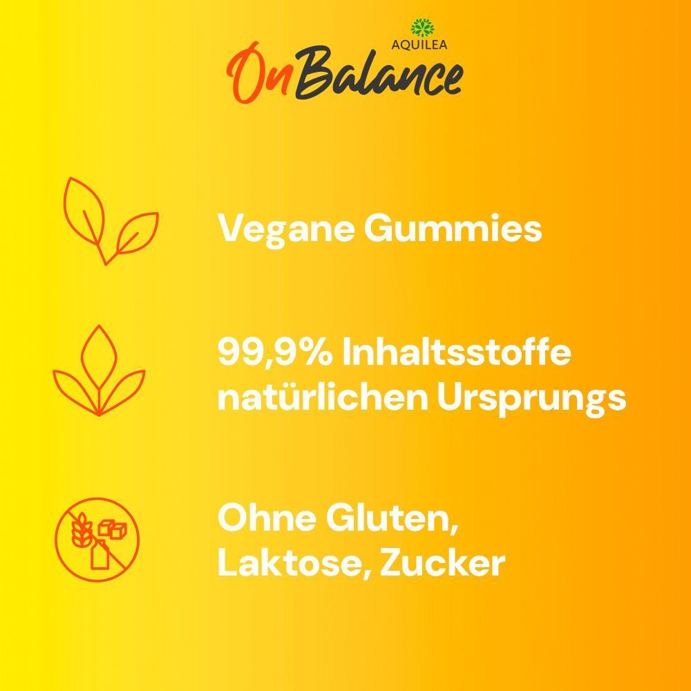 Text auf gelbem Hintergrund. Text: Vegane Gummies. 99,9% Inhaltsstoffe natürlichen Ursprungs. Ohne Gluten, Laktose, Zucker.