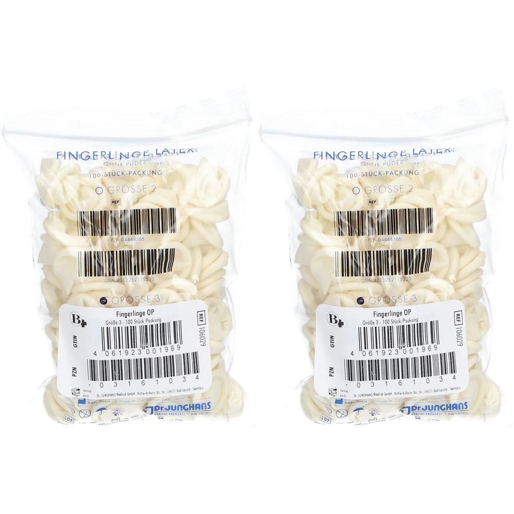 Zwei Packungen Fingerlinge OP Latex Gr.3 gerollt. Klare Verpackung mit Produktinformationen und Barcode. Marke: JUNGHANS.