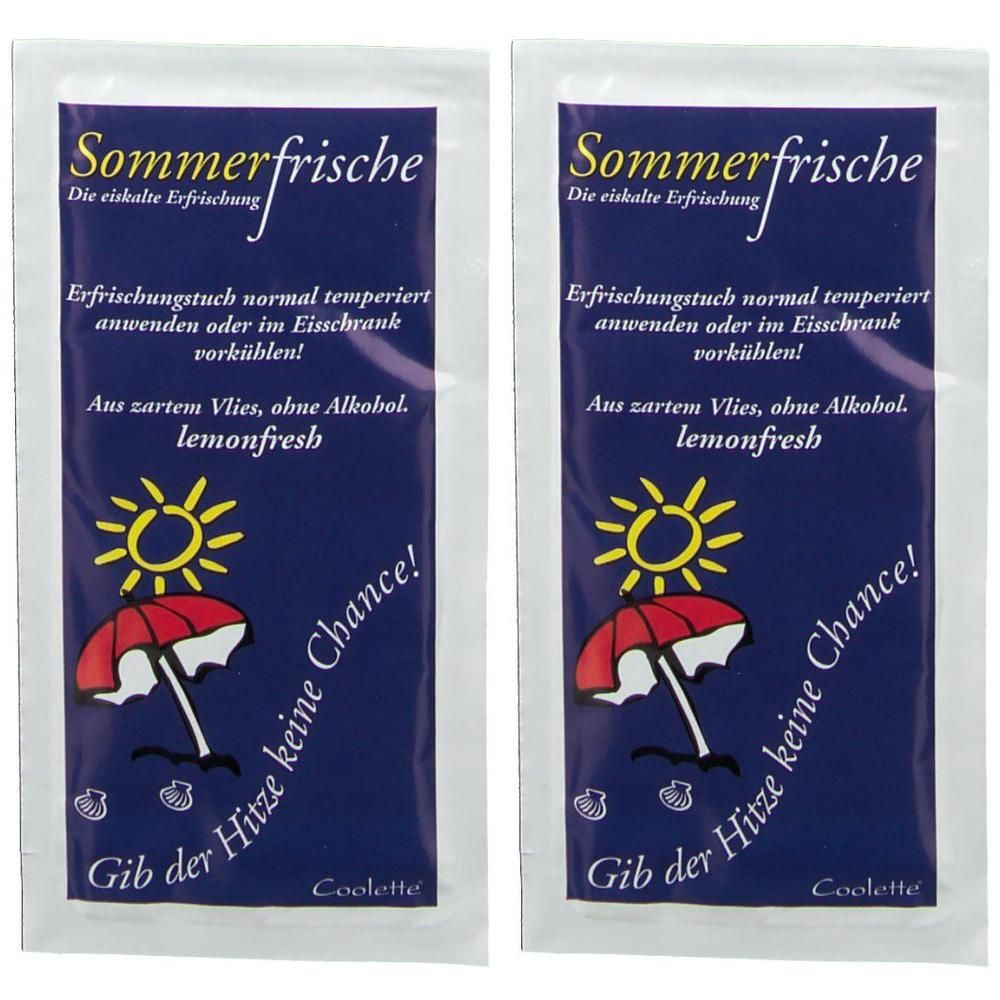 Zwei blaue Einzelverpackungen. Aufdruck: Sommerfrische, Sonnenschirm, Sonne, Text. Ohne Alkohol. Lemonfresh.