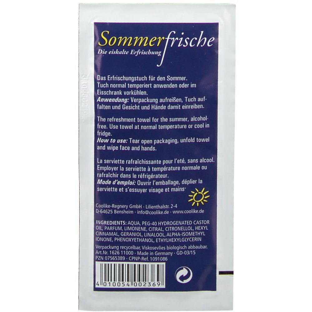 Weiße Verpackung mit blauem Aufdruck. Text: Sommerfrische, Anwendung, Inhaltsstoffe. Mit Sonnen-Symbol.