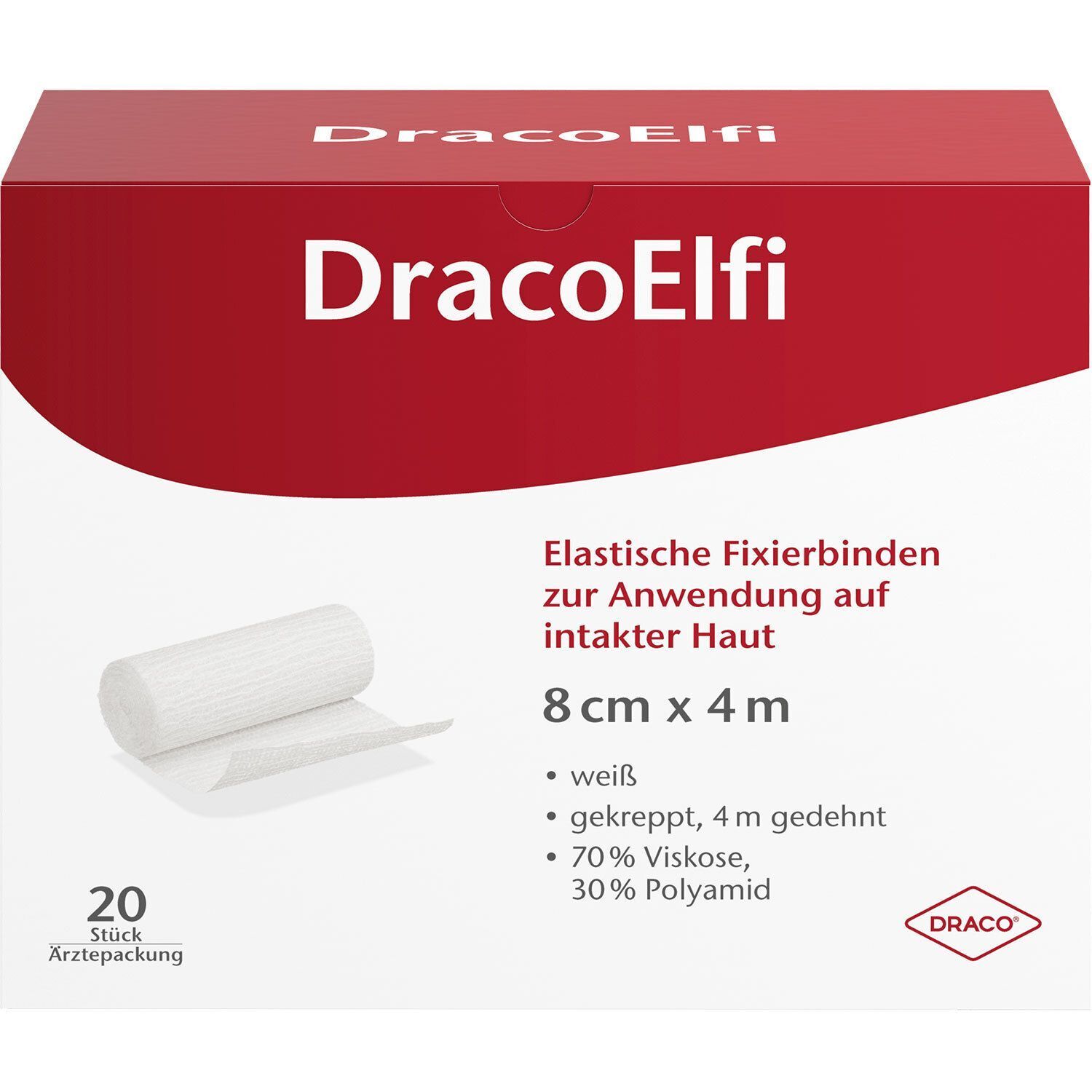 Verpackung mit Fixierbinden. Rote Schachtel mit Produktname und Details: 8 cm x 4 m.