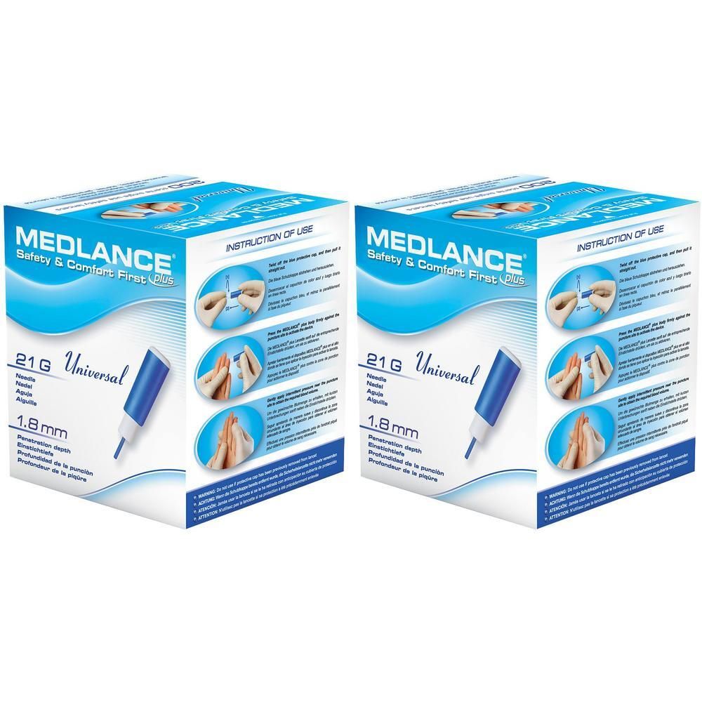 Zwei Kartons mit MEDLANCE® plus Universal Lanzetten. Blaue und weiße Verpackung mit Produktinformationen und Anwendungsbeispielen.