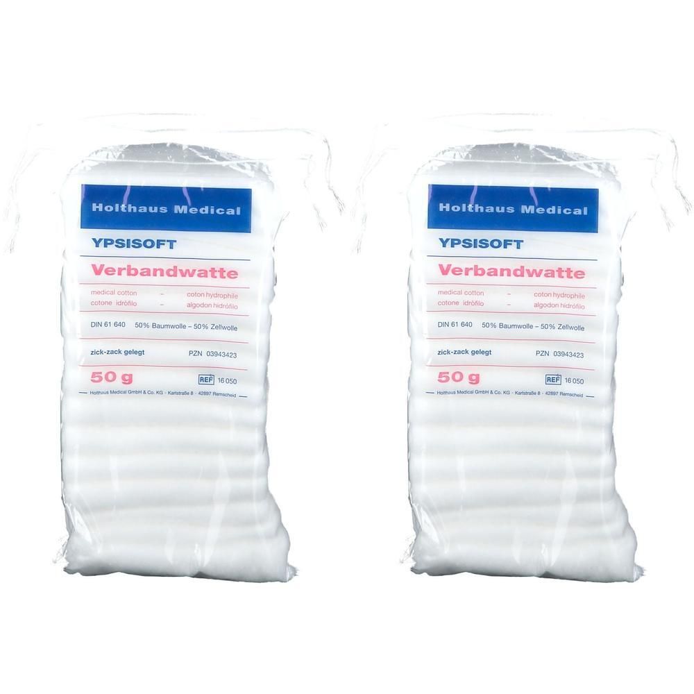 Zwei Packungen YPSISOFT Verbandwatte. Weiße Watte in Folienverpackung. Aufdruck mit Produktname, Marke, und Gewicht.
