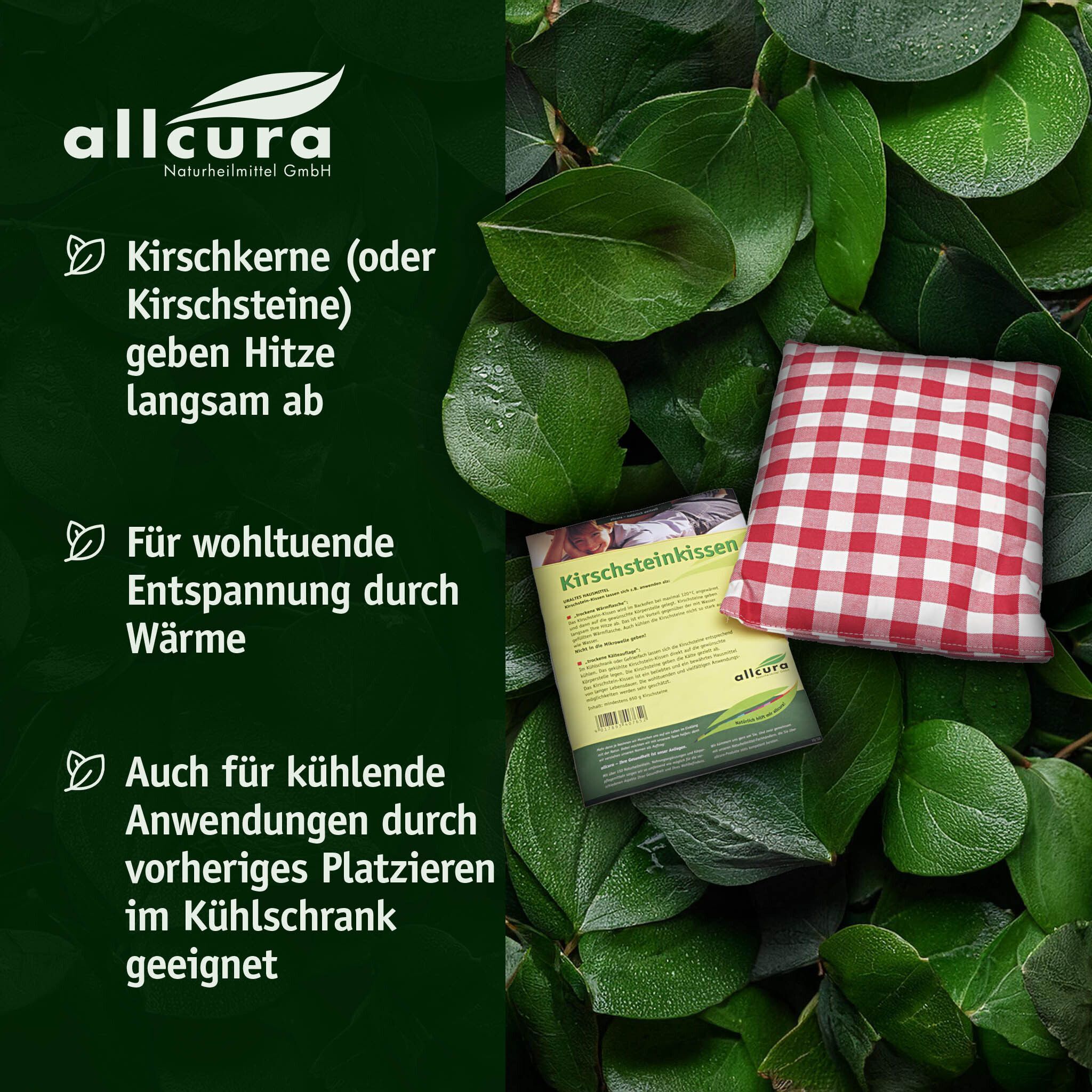 Kirschstein-Kissen mit rot-weißem Karomuster und Produktinformationen. Aufschrift: allcura Kirschstein-Kissen. Liegt auf Blättern.