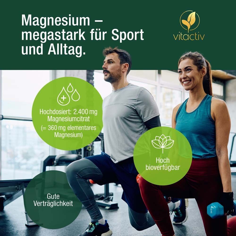 Mann und Frau beim Training. Kreise mit Text: Hochdosiert, hoch bioverfügbar, gute Verträglichkeit. Marke: vitactiv.