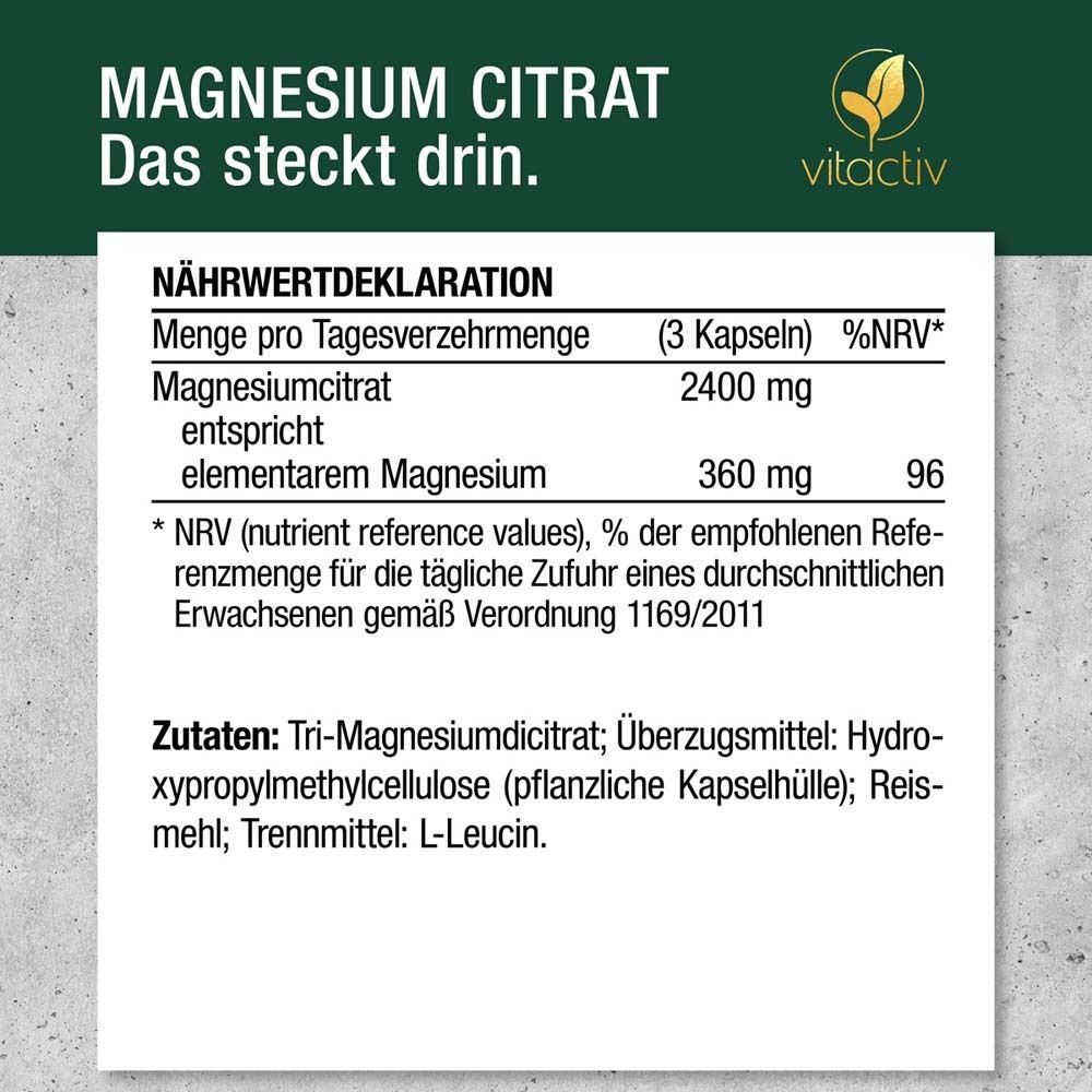 Nährwerttabelle. Angaben zu Magnesiumcitrat. Marke: vitactiv.