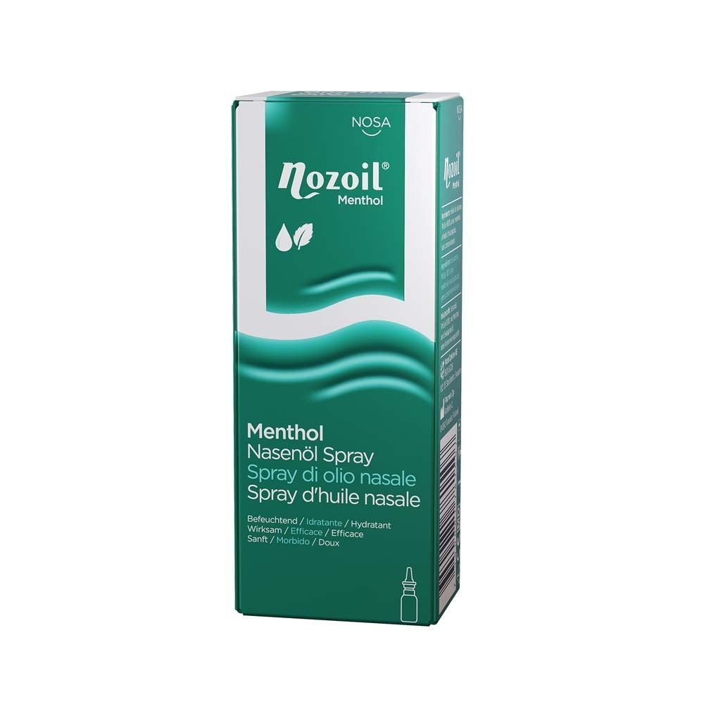 Eine grüne und weiße Schachtel Nozoil Menthol Nasenöl Spray. Produktname und weitere Informationen auf der Verpackung.
