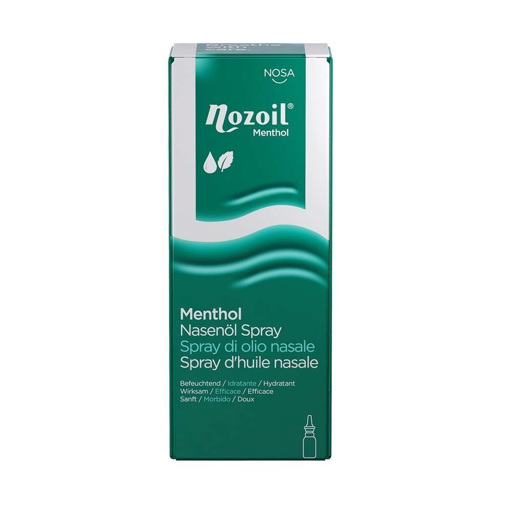 Eine grüne und weiße Schachtel Nozoil Menthol Nasenöl Spray. Produktname und weitere Informationen auf der Verpackung.
