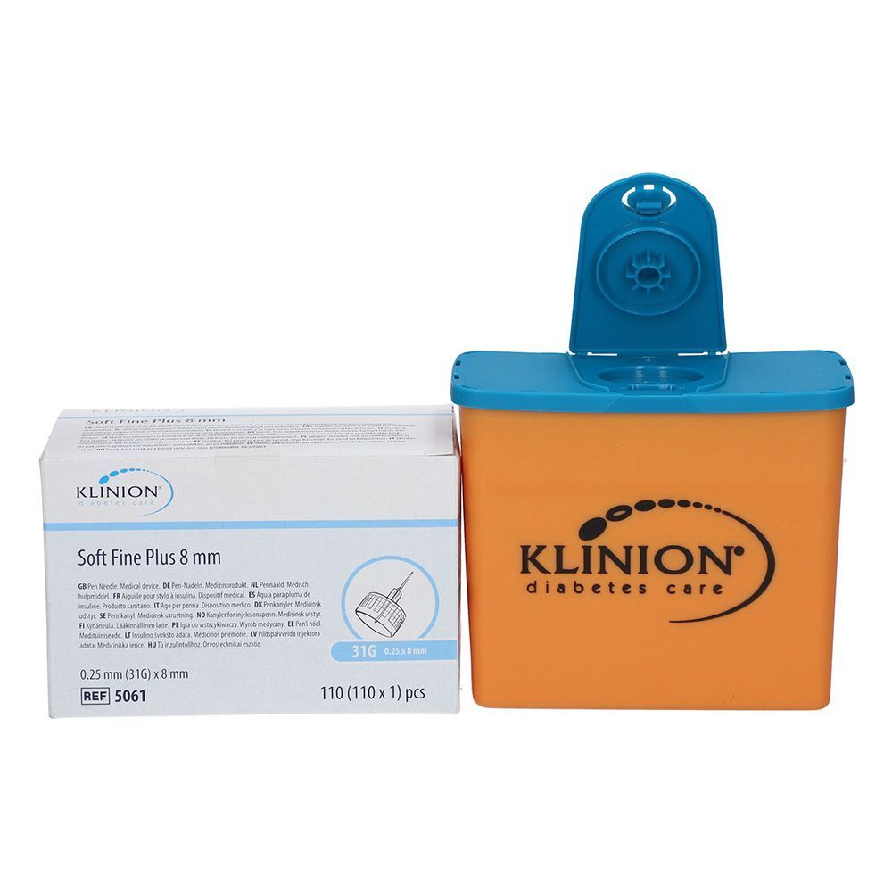 Produktverpackung neben orangefarbener Retourenbox. Aufdruck: KLINION Soft Fine Plus 8 mm, 31G 0,25 x 8 mm, 110 (110 x 1) Stück. Box mit Deckel.