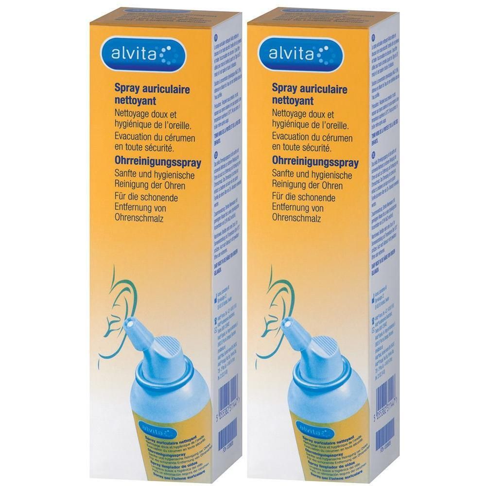 Zwei Packungen Ohrreinigungsspray. Blaue Sprühflasche mit gelb-orangener Verpackung. Aufschrift: alvita, Ohrreinigungsspray.