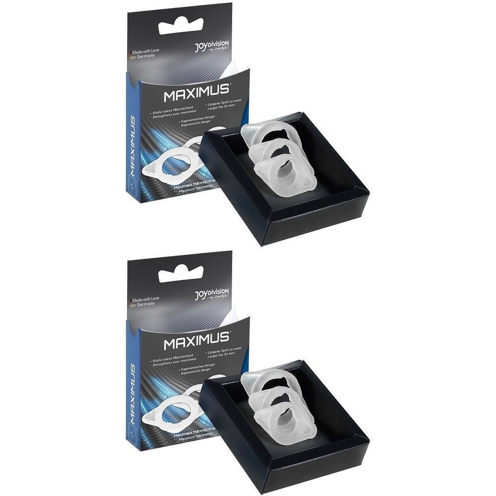 Zwei schwarze Schachteln mit je drei weißen Ringen. Daneben zwei Produktverpackungen mit dem Schriftzug MAXIMUS.