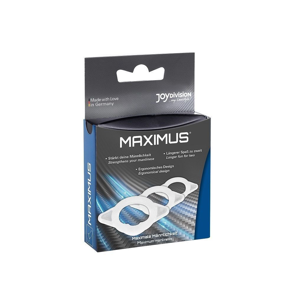 Produktverpackung mit drei weißen Ringen. Aufschrift MAXIMUS und weitere Texte.