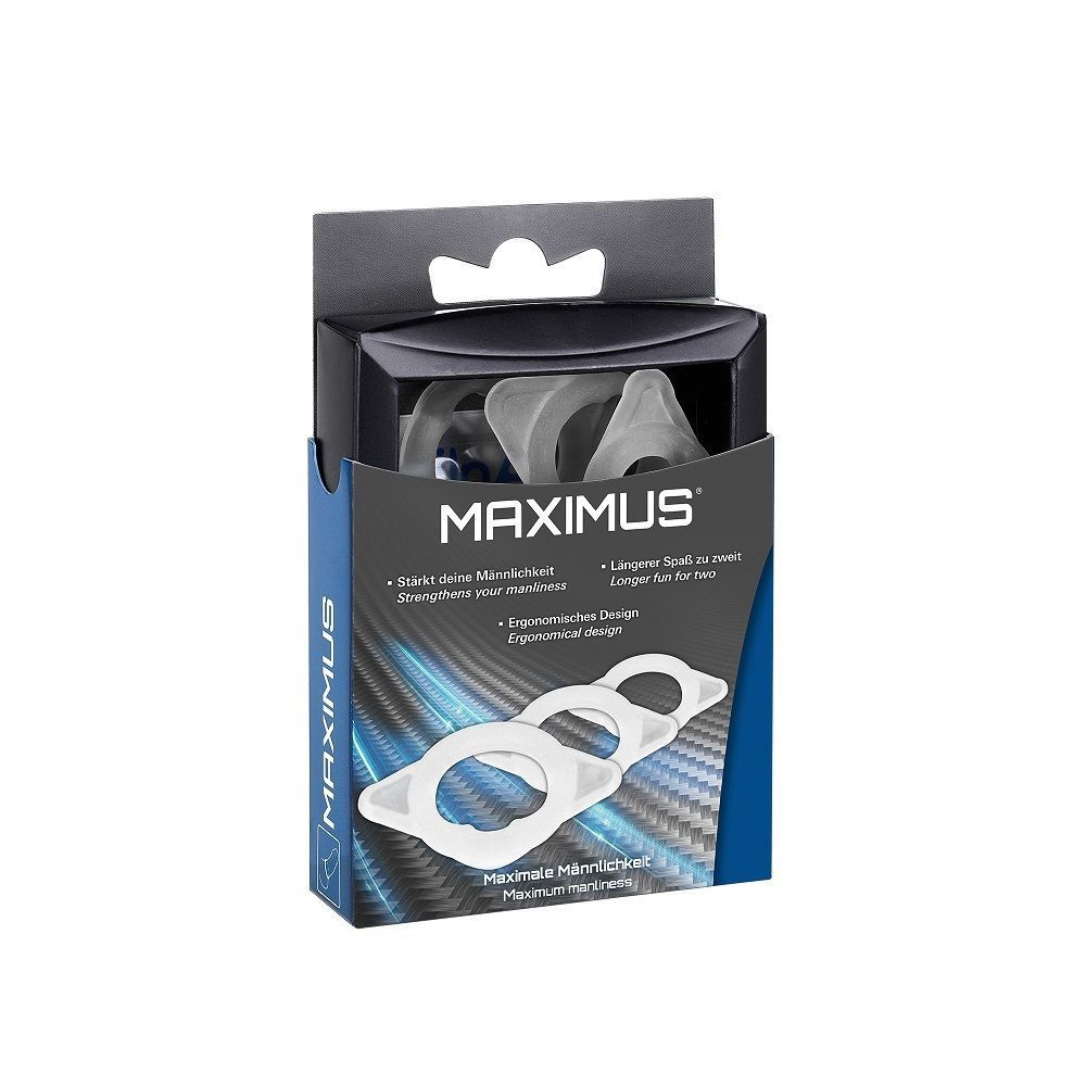 Produktverpackung mit drei weißen Ringen. Aufschrift MAXIMUS und weitere Texte.