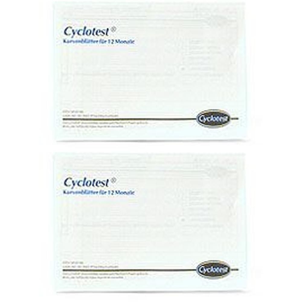 Zwei weiße Verpackungen mit dem Aufdruck "Cyclotest". Darunter ein Logo und Text. Aufschrift: Kurvenblätter für 12 Monate.