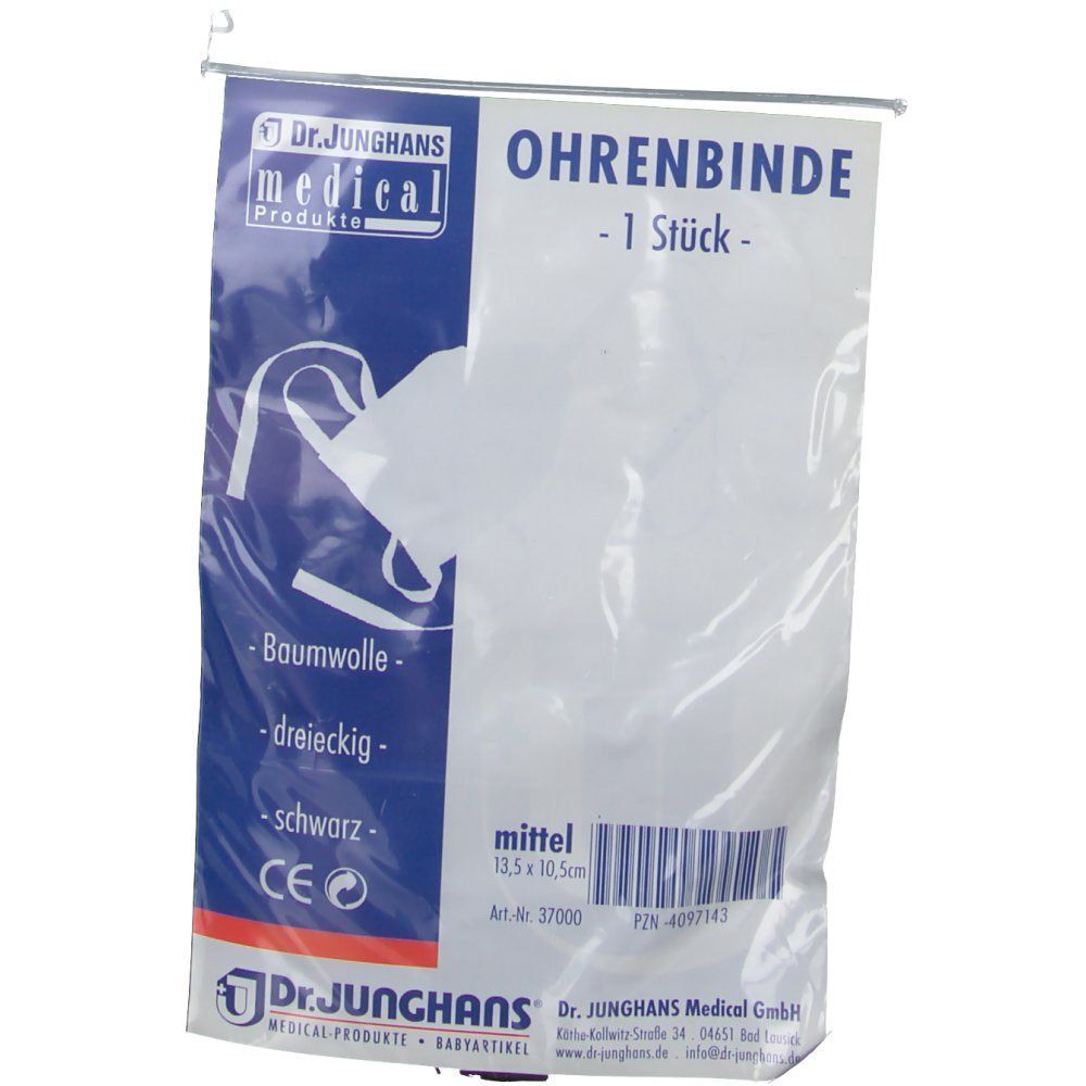 Verpackung Ohrenbinde, weißes Produkt mit blauer Beschriftung. Aufschrift: Dr. Junghans, Ohrenbinde, mittel, 13,5 x 10,5 cm, 1 Stück.