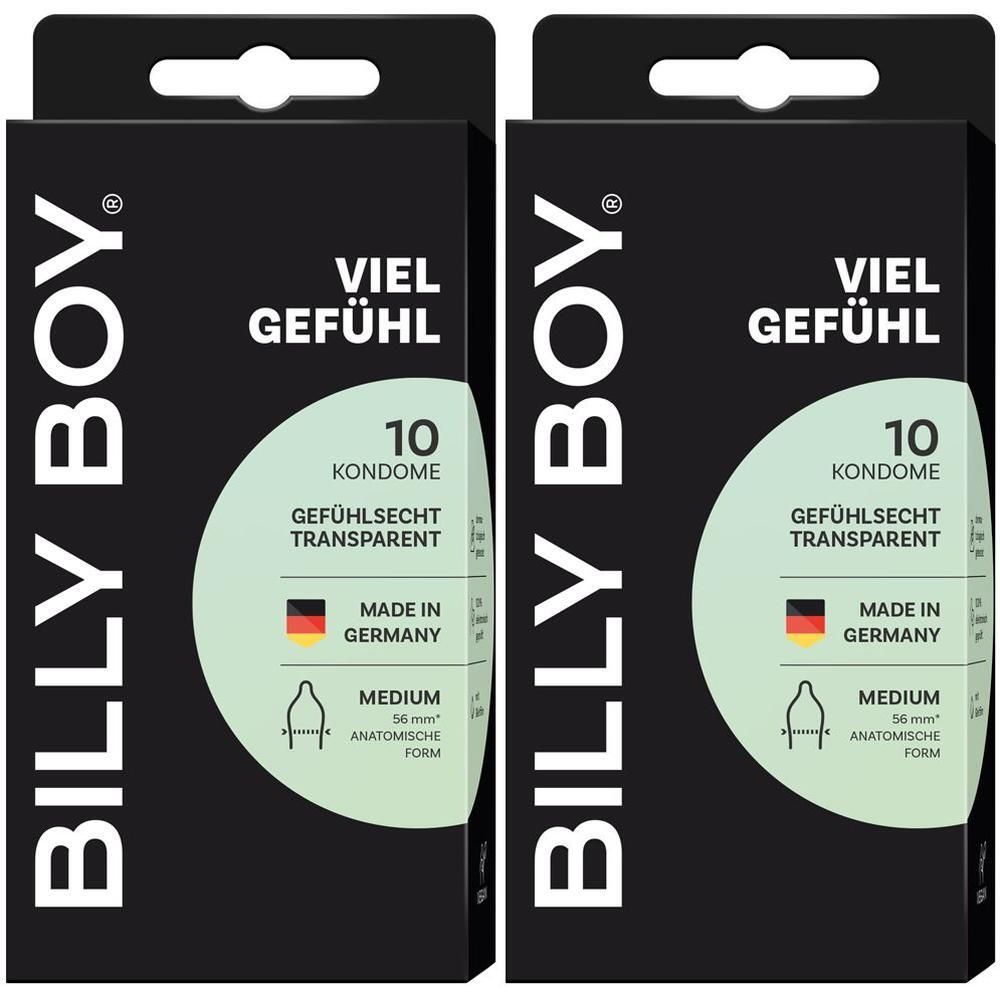 Zwei Packungen Kondome. Schwarze Verpackung mit weißer Schrift. Aufschrift: VIEL GEFÜHL, 10 Kondome, GEFÜHLSECHT TRANSPARENT, MADE IN GERMANY.