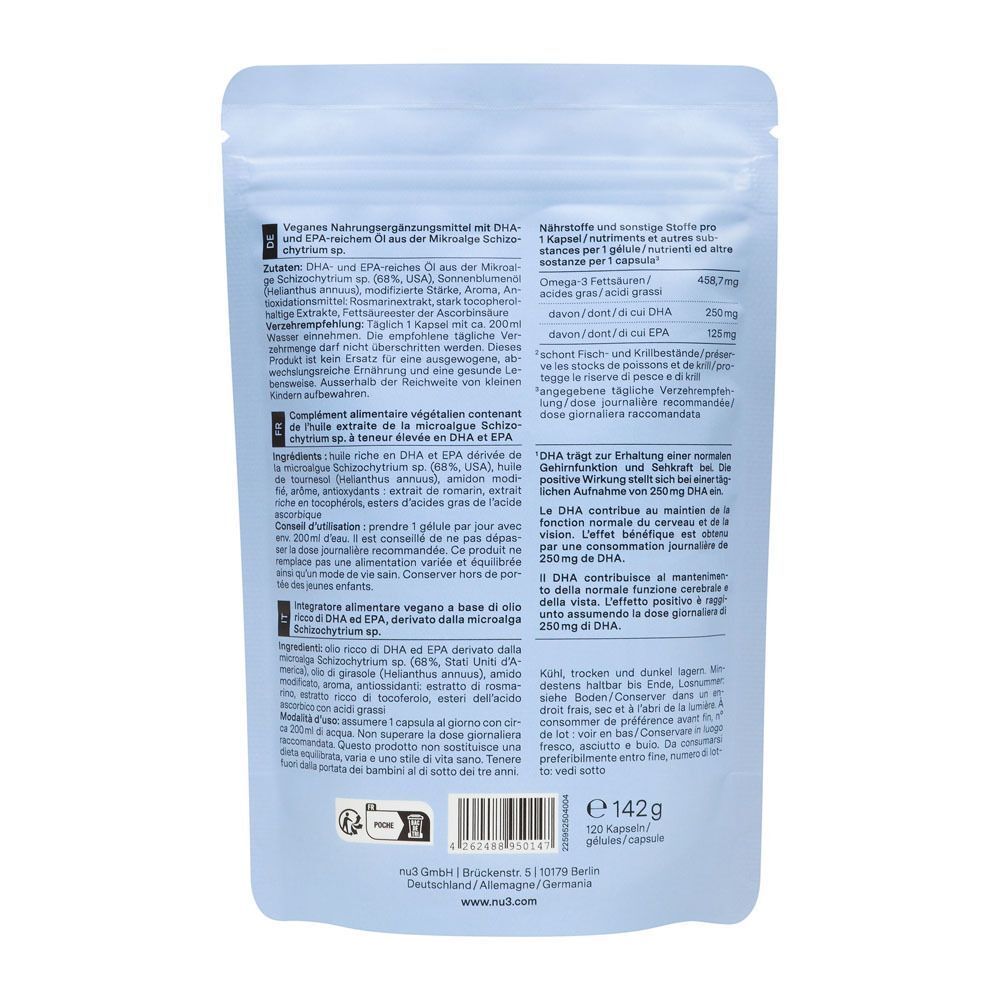Rückseite eines Beutels nu3 Vegan Omega-3. Text in Deutsch, Französisch, Italienisch. Enthält Nährwertangaben und Inhaltsstoffe.