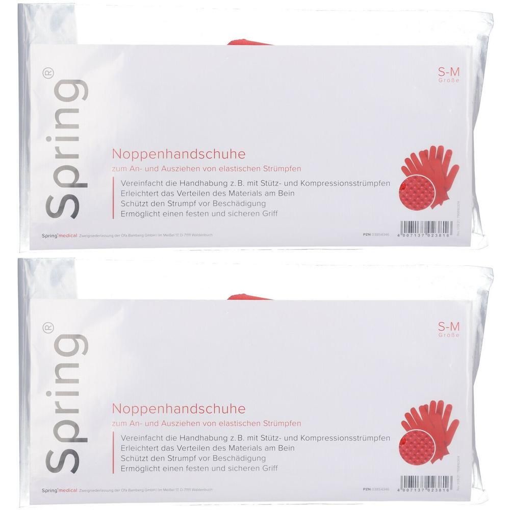 Zwei verpackte Handschuhe. Aufschrift: Spring, Noppenhandschuhe. Größe S-M. Rote Handschuh-Illustration.
