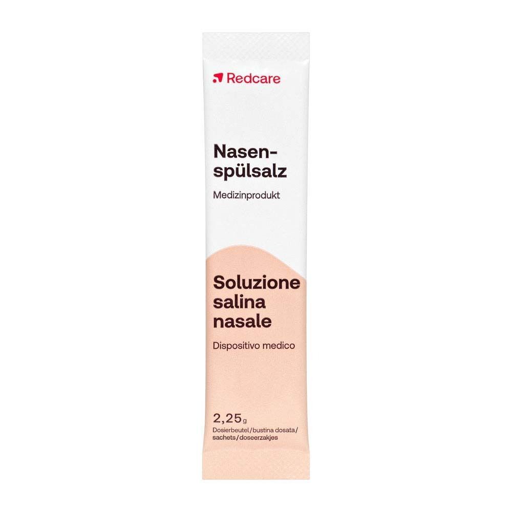 Einzelnes Beutel Nasenspülsalz. Aufschrift: Redcare, Nasenspülsalz, Soluzione salina nasale, 2,25g. Medizinprodukt.